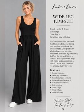 Hunter & Brown Black Wide Leg Jumpsuit Size Large NWT Scoop Neck Pockets